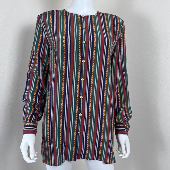 Vintage Vanranda Women Size S Silk Striped Tunic Blouse Button Up Retro Office - Picture 6 of 14